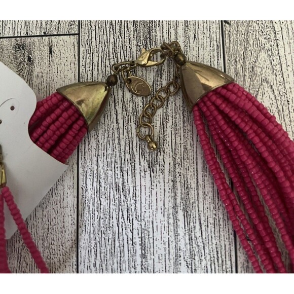 Charming Charlie Hot Pink Bronze Tone Seed Bead Layered Necklace Earrings Set - Picture 6 of 6